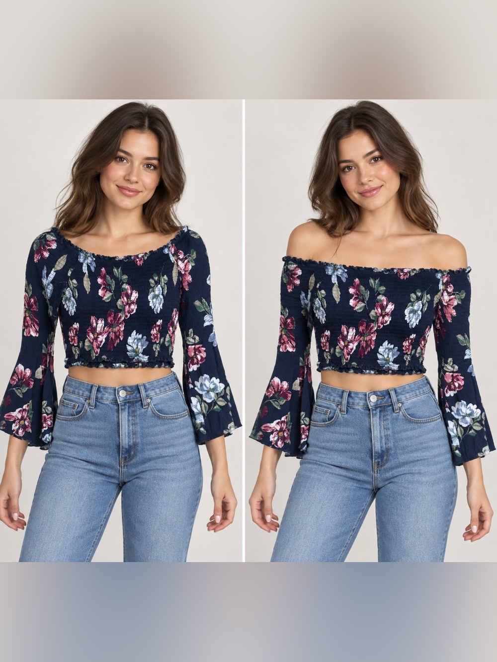 Off-Shoulder Navy Floral Smocked Long-Sleeve Crop Top